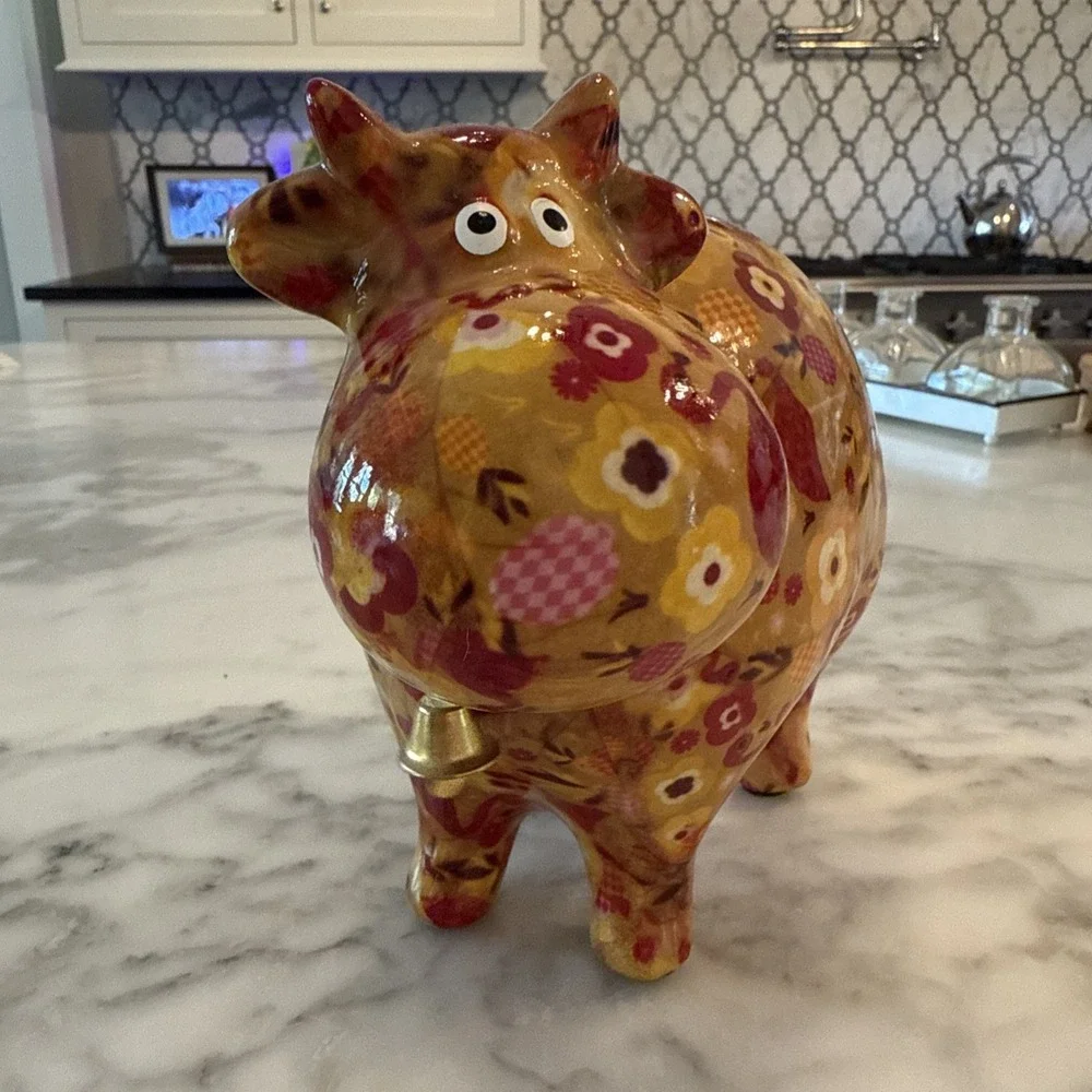 Pomme Pidou Floral Ceramic Flamingos, Red Gold Floral Colorful Cow Coin Bank